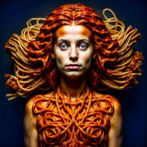 Naked woman with clothing made of spaghetti bolognese, tomato sauce, parmesan, pretty face, hyperrealistic, real photo shoot, 8k