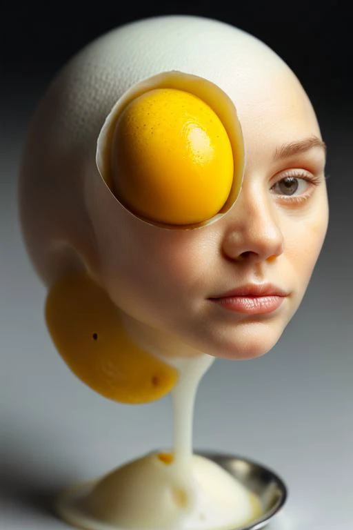 Boiled egg with shell, egg white, egg yolk and spoon sticking in egg looks like a human head, morph, photo realistic