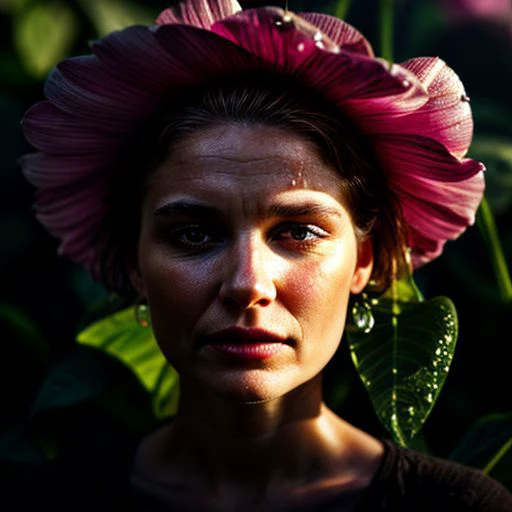 Woman, face in the center of a macro Giant flower, waterdrops, sunlight, photo realistic