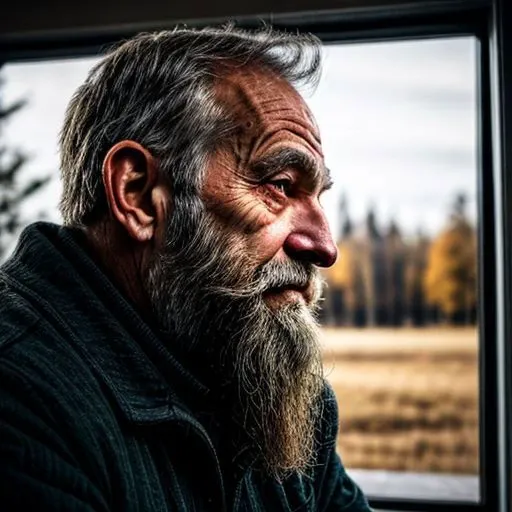 Old Man, beard, happy eyes, looking outside, profile