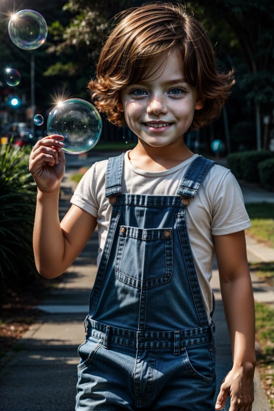 a with ginger hair wearing denim overalls chasing bubbles. smile, clean pastel painting, beautiful detailed face, lots of bubbles, photorealistic
ultra realistic, elegant, highly detailed, intricate, sharp focus, depth of field, f/1.8, 85mm, medium shot, mid shot, (centered image composition), (professionally color graded), ((bright soft diffused light)), volumetric fog, trending on instagram