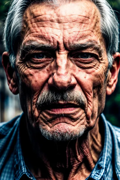 portrait of a a old man looks menacingly at the viewer, close-up, portrait, high detail. wrinkles on the face, skin pores. a slight smile. high detail. detailed background. photorealism.