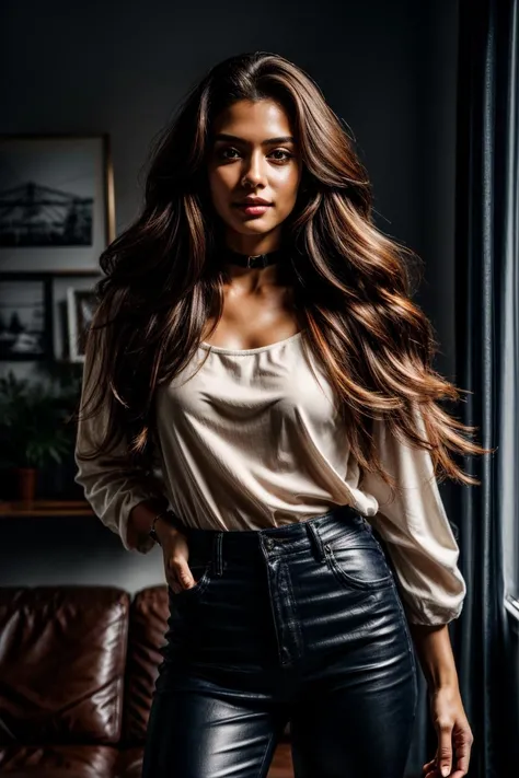 a beautiful woman. brown leather trousers. white shirt. thick long wavy (orange hair:1.3), light smile, living room. dark night, black choker,
photorealistic ultra realistic, elegant, highly detailed, intricate, sharp focus, depth of field, f/1.8, 85mm, medium shot, mid shot, (centered image composition), (professionally color graded), ((bright soft diffused light)), volumetric fog, trending on instagram