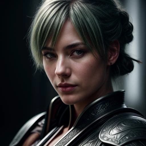 "female nordic ronin", heroine, katana, samurai, head and shoulders portrait, white  short hair, intricately detailed hypnotic green eyes, 8k resolution concept art portrait by greg rutkowski, artgerm, wlop, alphonse mucha dynamic lighting hyperdetailed intricately detailed splash art trending on artstation unreal engine 5 volumetric lighting