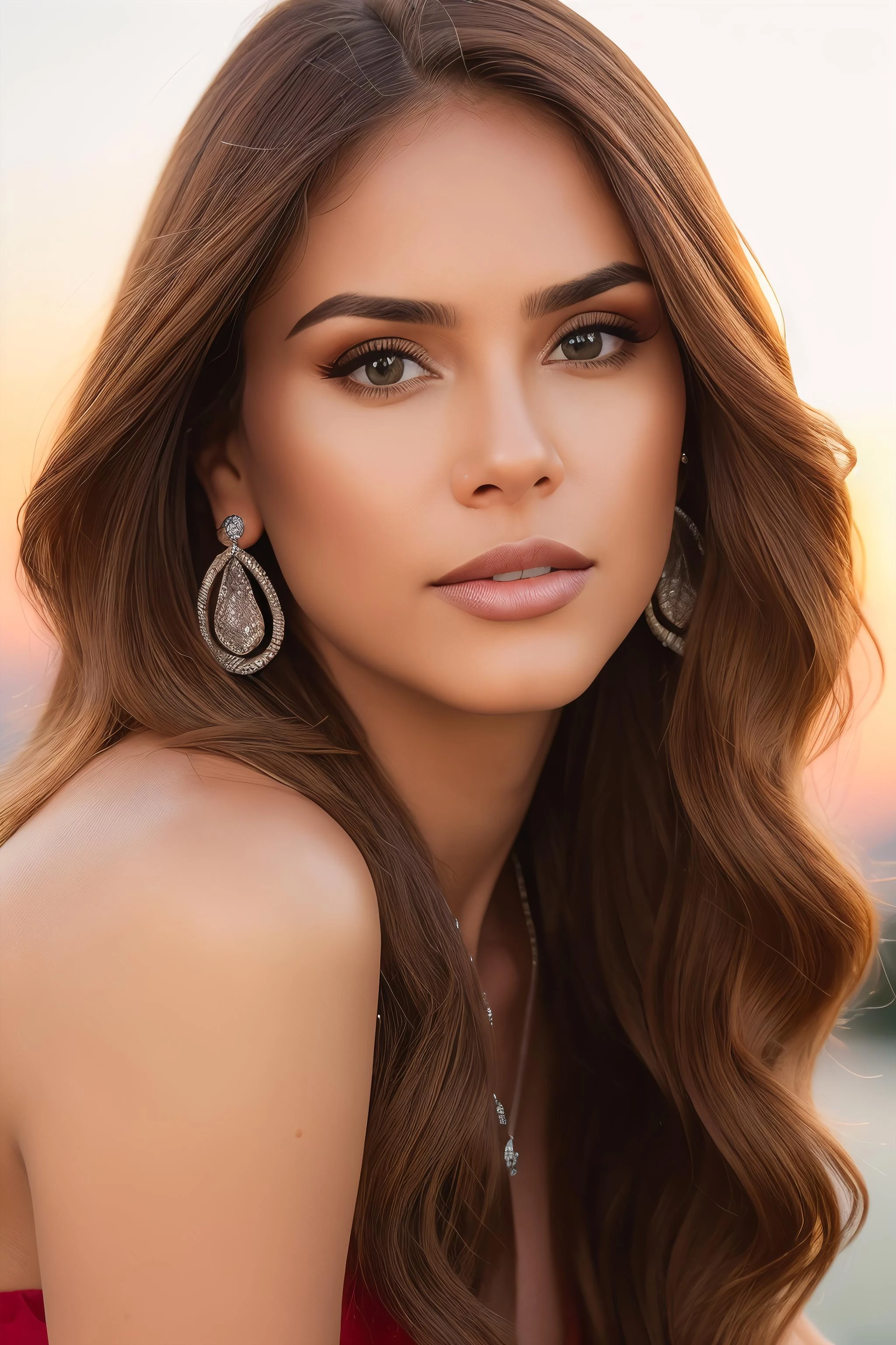 a photo of a woman Y8n3tGarc18, ((at sunset, dark brown eyes, dramatic close up portrait, posing for photo, face focus, bokeh, rim lighting)), ultrarealistic, photorealistic, 8k, dslr, beautiful, makeup, diamond necklaces, diamond earrings, perfect face, detailed skin, detailed face, detailed eyes <lora:YanetGarcia_v1:0.95>