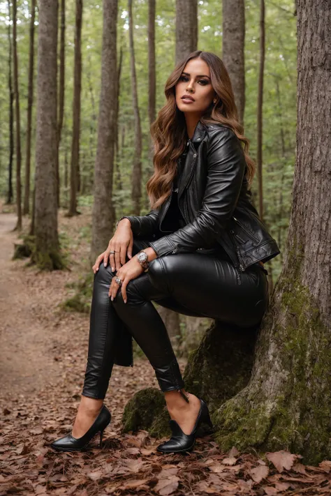 a photo of a woman Y8n3tGarc18, in a dark forest, wearing a leather jacket over a black tshirt and ripped jeans, looking at viewer, ultrarealistic, photorealistic, 8k, dslr, makeup, jewelry, beautiful, perfect face, detailed skin, detailed face, detailed eyes <lora:YanetGarcia_v1:0.8>