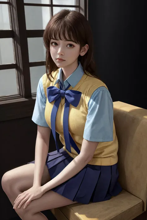 masterpiece, best quality, highres, 1girl, yellow sweater vest blue bowtie short sleeves blue shirt blue skirt <lora:shiori_sakurazaka:1> photorealistic, sitting