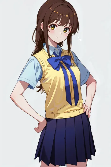 masterpiece, best quality, highres, 1girl, yellow sweater vest blue bowtie short sleeves blue shirt blue skirt <lora:shiori_sakurazaka:1> hand on hip, smile, simple background