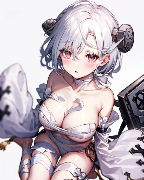 terroral,  bandage, 1girl, , solo, , looking at viewer, cleavage,, simple background, white background, sleeves past wrists, sitting,  shoulders, hair between eyes, detached sleeves, collarbone, blush, barefoot, from above, sleeves past fingers,
 <lora:TerrorHalloweenV1:1>,