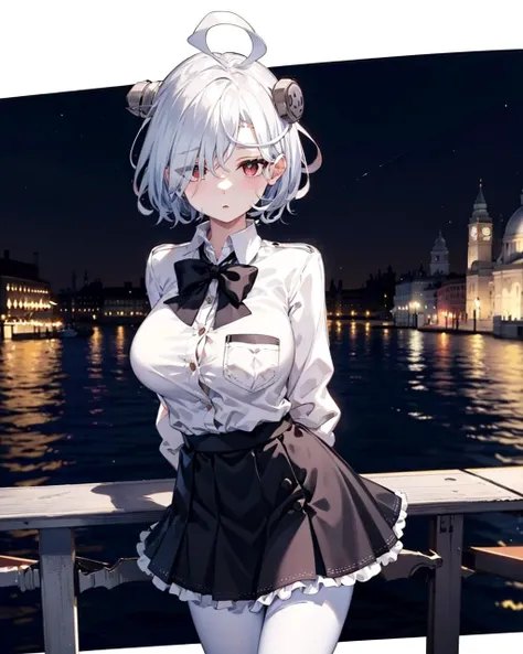 terroral, 1girl,solo,large breasts,(school uniform),,black_skirt,shirt,buttons, miniskirt, white pantyhose, standing,cowboy shot, night,empty eyes, outdoors,
 <lora:TerrorHalloweenV1:0.9>,(arms behind back), london, venice, breast pocket, center frills,