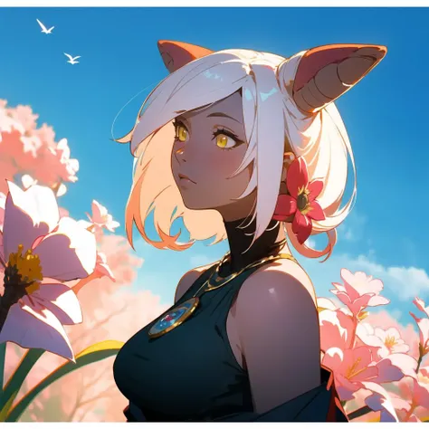 1girl, solo, expressionless, large breasts, bare shoulders, jewelry, white hair, yellow eyes, clothing cutout, necklace, (animal ears|red horn:0.9), <lora:Qi:1>, flower, outdoors, letterboxed, day, sky, looking up, cloud, sunlight, upper body, from side, pink flower, blurry, blue sky, depth of field