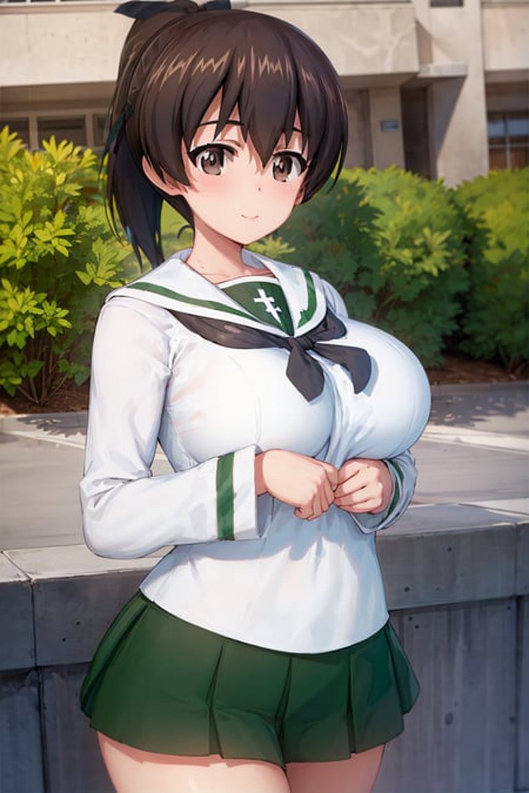 Anime girl in uniform posing in front of a building - SeaArt AI