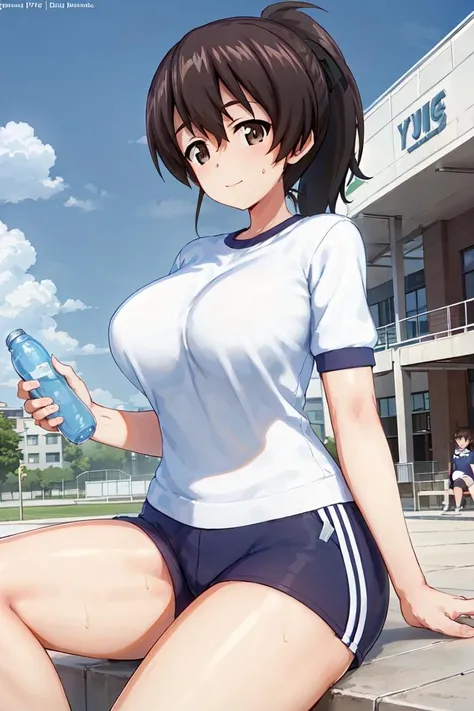 masterpiece,best quality, album cover, 1girl,solo, girls und panzer, koyama yuzu, ponytail, curvy,(gym uniform, blue buruma:1.2), sitting, resting, holding water_bottle, sweat, looking at viewer, school building, playground,sand, beautiful sky,sunshine, clouds <lora:Koyama Yuzu:0.6>