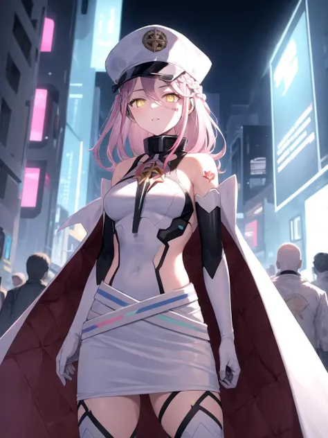 masterpiece, best quality, 1girl, solo, dslandy, pink hair, long hair, braid, yellow eyes, android, barcode tattoo, military uniform, white dress, cape, hat, elbow gloves, red thighhighs, standing, outdoors, futuristic city, neon lights, night, cowboy shot, detailed background
 <lyco:dslandy_lc_768:1>