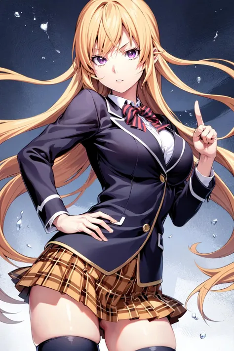 <lora:FoodWarsComicStyle-000030:0.7:lbw=paint2>looking at viewer,
blazer, school uniform, pleated skirt, plaid skirt, neck ribbon,
long hair, blonde hair, large breasts, purple eyes, thighhighs, sidelocks,
pointing, hand on hip,, (best quality:1.3),1girl,<lora:GoodHands-beta2:1>,