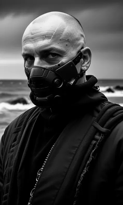 dystopianx style, b&w photo of 42 y.o man in black clothes, bald, face, half body, body, high detailed skin, skin pores, coastline, overcast weather, wind, waves, 8k uhd, dslr, soft lighting, high quality, film grain, Fujifilm XT3