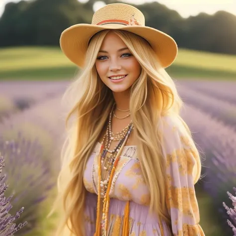 A photo of a young woman with long blonde hair, wearing a bohemian floral dress and a wide-brimmed hat. She is walking through a blooming lavender field with a gentle breeze blowing through her hair. The golden hour lighting casts a warm glow on her face, creating a dreamy atmosphere. The camera angle is from behind, capturing her carefree spirit.
<lora:RetroStyleV1:1> 60Retro69Punch75, (freckles:0.8), (lips parted), realistic eyes, POV, realistic[:, (film grain, 25mm, f/1.2, dof, bokeh, beautiful symmetrical face, perfect sparkling eyes, well defined pupils, high contrast eyes, ultra detailed skin, skin pores, vellus hair, fabric stitching, fabric texture, finely detailed features:1):0.9]