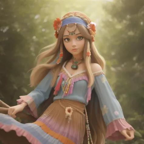 an up close faded and slightly desaturated vintage-style color photograph of a young woman dressed in a tie-dye maxi dress or a peasant blouse paired with bell-bottom jeans and fringe accessories. She wears a headband or flower crown in her long, flowing hair. The setting is a bohemian-inspired outdoor music festival or a peaceful nature backdrop, capturing the free-spirited and laid-back vibe of the era.
<lora:RetroStyleV1:1> 60Retro69Punch75