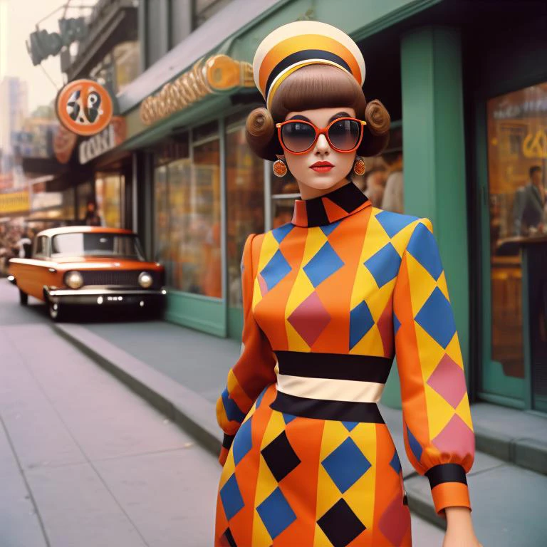 A vintage-style color photograph of a young woman in retro 1960s fashion. She wears a mod-inspired dress with bold geometric patterns and accessorizes with oversized sunglasses and a headscarf. Her hair is styled in a bouffant or beehive. The setting is a vibrant city street with vintage cars and storefronts, evoking the nostalgic atmosphere of the era. The photo captures the spirit of youthful energy and fashion-forward style.
<lora:RetroStyleV1:0.7> 60Retro69Punch75