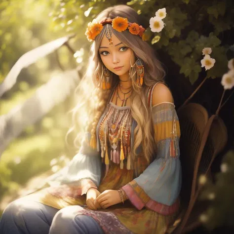 an up close faded and slightly desaturated vintage-style color photograph of a young woman dressed in a tie-dye maxi dress or a peasant blouse paired with bell-bottom jeans and fringe accessories. She wears a headband or flower crown in her long, flowing hair. The setting is a bohemian-inspired outdoor music festival or a peaceful nature backdrop, capturing the free-spirited and laid-back vibe of the era.
<lora:RetroStyleV1:1> 60Retro69Punch75