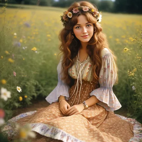 A vintage looking close up photo of a young woman with curly, chestnut brown hair, wearing a flowy bohemian dress with bell sleeves and a floral pattern. She is sitting on a patchwork quilt in a sunlit field surrounded by wildflowers. The environment is peaceful and idyllic, reminiscent of a hippie commune from the 70's. The lighting is soft and warm, casting a nostalgic glow, and the camera angle is slightly off-center, capturing the woman's natural beauty and free-spirited demeanor.
<lora:RetroStyleV1:0.5> 60Retro69Punch75