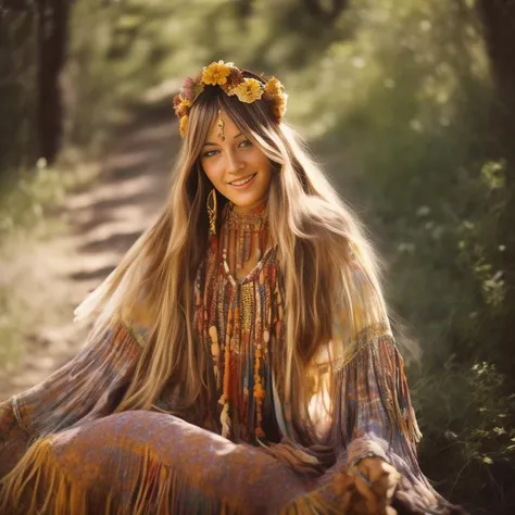 an up close faded and slightly desaturated vintage-style color photograph of a young woman dressed in a tie-dye maxi dress or a peasant blouse paired with bell-bottom jeans and fringe accessories. She wears a headband or flower crown in her long, flowing hair. The setting is a bohemian-inspired outdoor music festival or a peaceful nature backdrop, capturing the free-spirited and laid-back vibe of the era.
<lora:RetroStyleV1:1> 60Retro69Punch75