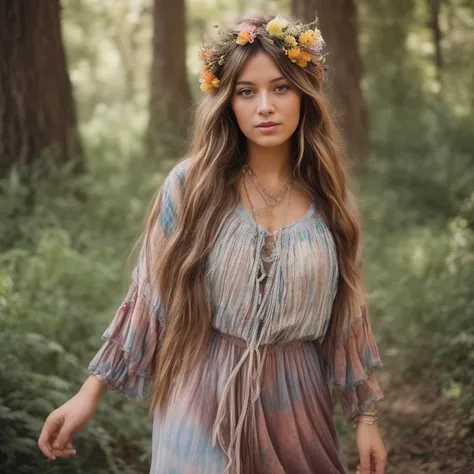 an up close faded and slightly desaturated vintage-style color photograph of a young woman dressed in a tie-dye maxi dress or a peasant blouse paired with bell-bottom jeans and fringe accessories. She wears a headband or flower crown in her long, flowing hair. The setting is a bohemian-inspired outdoor music festival or a peaceful nature backdrop, capturing the free-spirited and laid-back vibe of the era.
<lora:RetroStyleV1:0.5> 60Retro69Punch75