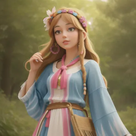 an up close faded and slightly desaturated vintage-style color photograph of a young woman dressed in a tie-dye maxi dress or a peasant blouse paired with bell-bottom jeans and fringe accessories. She wears a headband or flower crown in her long, flowing hair. The setting is a bohemian-inspired outdoor music festival or a peaceful nature backdrop, capturing the free-spirited and laid-back vibe of the era.
<lora:RetroStyleV1:0.5> 60Retro69Punch75