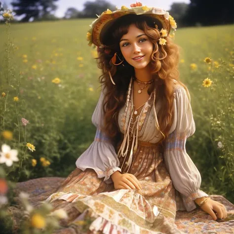 A vintage looking close up photo of a young woman with curly, chestnut brown hair, wearing a flowy bohemian dress with bell sleeves and a floral pattern. She is sitting on a patchwork quilt in a sunlit field surrounded by wildflowers. The environment is peaceful and idyllic, reminiscent of a hippie commune from the 70's. The lighting is soft and warm, casting a nostalgic glow, and the camera angle is slightly off-center, capturing the woman's natural beauty and free-spirited demeanor.
<lora:RetroStyleV1:0.7> 60Retro69Punch75