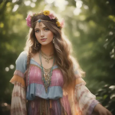 an up close faded and slightly desaturated vintage-style color photograph of a young woman dressed in a tie-dye maxi dress or a peasant blouse paired with bell-bottom jeans and fringe accessories. She wears a headband or flower crown in her long, flowing hair. The setting is a bohemian-inspired outdoor music festival or a peaceful nature backdrop, capturing the free-spirited and laid-back vibe of the era.
<lora:RetroStyleV1:0.5> 60Retro69Punch75