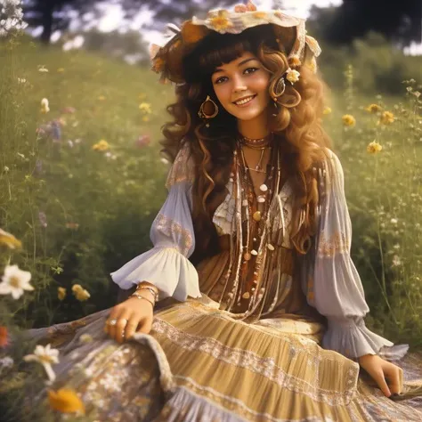 A vintage looking close up photo of a young woman with curly, chestnut brown hair, wearing a flowy bohemian dress with bell sleeves and a floral pattern. She is sitting on a patchwork quilt in a sunlit field surrounded by wildflowers. The environment is peaceful and idyllic, reminiscent of a hippie commune from the 70's. The lighting is soft and warm, casting a nostalgic glow, and the camera angle is slightly off-center, capturing the woman's natural beauty and free-spirited demeanor.
<lora:RetroStyleV1:1> 60Retro69Punch75