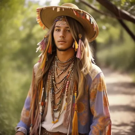 an up close faded and slightly desaturated vintage-style color photograph of a young man dressed in a tie-dye shirt or a flowy bohemian tunic, paired with flared jeans and fringe accessories. He wears a headband or a wide-brimmed hat, with his long hair flowing freely. The setting is a bohemian-inspired outdoor music festival or a peaceful nature backdrop, capturing the free-spirited and laid-back vibe of the era.
<lora:RetroStyleV1:1> 60Retro69Punch75