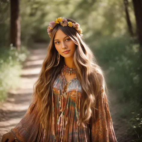 an up close faded and slightly desaturated vintage-style color photograph of a young woman dressed in a tie-dye maxi dress or a peasant blouse paired with bell-bottom jeans and fringe accessories. She wears a headband or flower crown in her long, flowing hair. The setting is a bohemian-inspired outdoor music festival or a peaceful nature backdrop, capturing the free-spirited and laid-back vibe of the era.
<lora:RetroStyleV1:0.7> 60Retro69Punch75