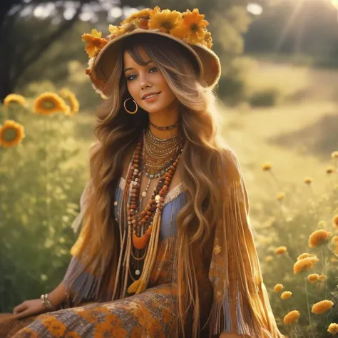 A warm-toned vintage photograph featuring a young woman dressed in 1970s boho-chic attire. She wears a flowing maxi dress with floral prints, layered with a suede fringe vest and accessorized with wide-brimmed hat and statement jewelry. Her hair is styled in loose waves with a flower crown. The setting is a sunlit meadow or field, creating a dreamy and natural backdrop. The photo exudes a sense of free-spiritedness and bohemian charm
 <lora:RetroStyleV1:1> 60Retro69Punch75