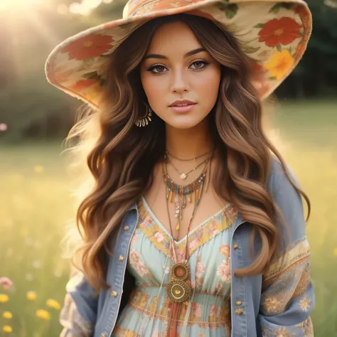 an up close photo of a young woman dressed in bohemian-inspired fashion, wearing a flowy maxi dress with floral prints, layered with a denim jacket and accessorized with a floppy hat and vintage accessories. Her hair is styled in loose waves or natural curls. The setting is a sunlit park or meadow, with long grass and wildflowers, creating a nostalgic and dreamy atmosphere.
<lora:RetroStyleV1:0.7> 60Retro69Punch75