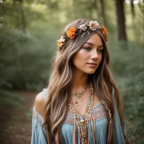 an up close faded and slightly desaturated vintage-style color photograph of a young woman dressed in a tie-dye maxi dress or a peasant blouse paired with bell-bottom jeans and fringe accessories. She wears a headband or flower crown in her long, flowing hair. The setting is a bohemian-inspired outdoor music festival or a peaceful nature backdrop, capturing the free-spirited and laid-back vibe of the era.
<lora:RetroStyleV1:0.5> 60Retro69Punch75