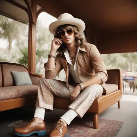 an up close faded and slightly desaturated vintage-style color photograph of a young man dressed in a paisley-print shirt, paired with bell-bottom pants and platform shoes. He wears round sunglasses and accessorizes with a wide-brimmed hat and statement jewelry. His hair is styled in long, flowing locks or a shaggy cut. The setting is a retro-inspired living room with psychedelic patterns and iconic furniture from the era, evoking the free-spiritedness and creativity of the Swinging Sixties
<lora:RetroStyleV1:0.5> 60Retro69Punch75