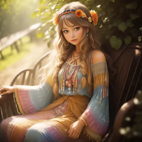 an up close faded and slightly desaturated vintage-style color photograph of a young woman dressed in a tie-dye maxi dress or a peasant blouse paired with bell-bottom jeans and fringe accessories. She wears a headband or flower crown in her long, flowing hair. The setting is a bohemian-inspired outdoor music festival or a peaceful nature backdrop, capturing the free-spirited and laid-back vibe of the era.
 <lora:RetroStyleV1:0.7> 60Retro69Punch75
