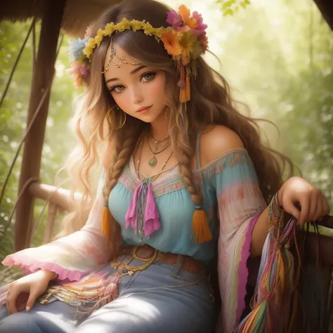 an up close faded and slightly desaturated vintage-style color photograph of a young woman dressed in a tie-dye maxi dress or a peasant blouse paired with bell-bottom jeans and fringe accessories. She wears a headband or flower crown in her long, flowing hair. The setting is a bohemian-inspired outdoor music festival or a peaceful nature backdrop, capturing the free-spirited and laid-back vibe of the era.
<lora:RetroStyleV1:0.5> 60Retro69Punch75