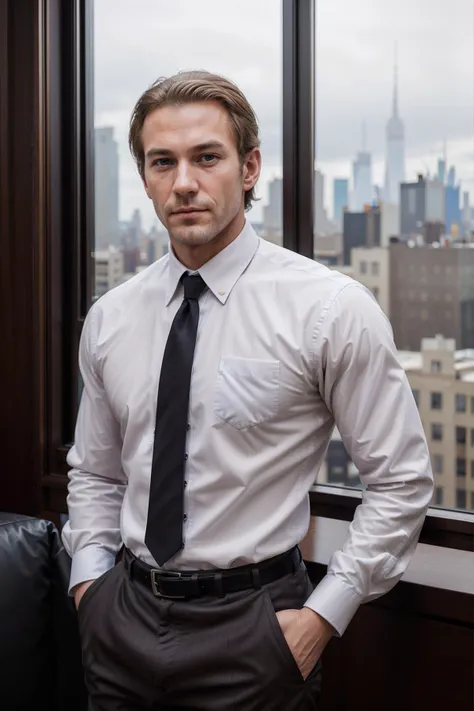 portrait of gabri3l_n0texist  wearing a business suit shirt and tie,  in a penthouse overlooking New York City, looking at the viewer, photorealistic, high detail, detailed, masterpiece, 8k, highres