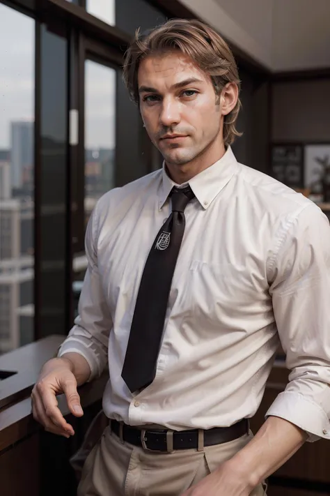 portrait of gabri3l_n0texist_v2 wearing a business suit shirt and tie, in a penthouse overlooking New York City, looking at the viewer, photorealistic, high detail, detailed, masterpiece, 8k, highres