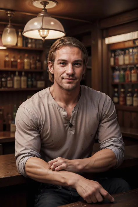 portrait of gabri3l_n0texist in a dive bar, wearing casual clothes, smiling, low light, looking at the viewer, photorealistic, high detail, detailed, masterpiece, 8k, highres