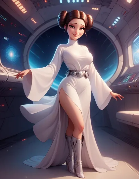 score_9, score_8_up, score_7_up,score_6_up, score_5_up, score_4_up ,1girl, solo,
leiadressdg,
large breasts,
brown hair, brown eyes,
half closed eyes, smile,
double bun, white dress, belt,white high heel boots, side slit, wide sleeves,
light particles, see-through silhouette, spacecraft interior,
<lora:Leia DALL E-3 PonyXL-000003:1>