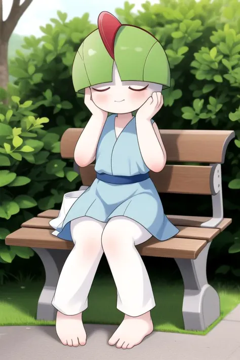 best quality, masterpiece, highres,
hioshiru, 1 girl, solo, ralts, park setting, full body, sitting on bench, short height,red eyes, (long bangs, hair covering eyes:1.2) <lora:Ralts:1>