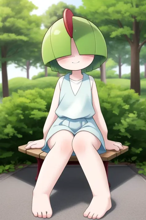 best quality, masterpiece, highres,
hioshiru, 1 girl, solo, ralts, park setting, full body, sitting on bench, short height,red eyes, (long bangs, hair covering eyes:1.2) <lora:Ralts:1>