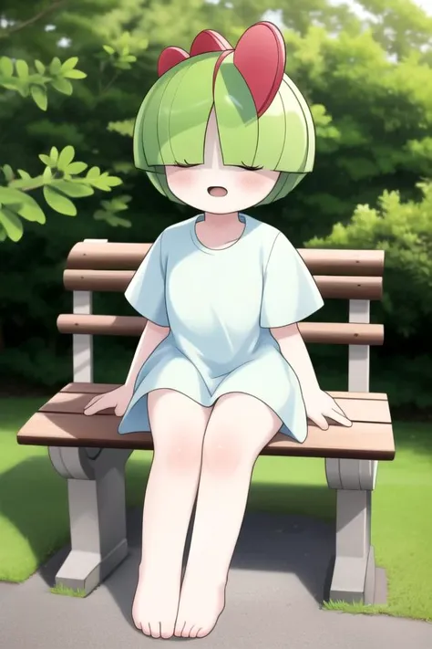 best quality, masterpiece, highres, 
hioshiru, 1 ***********, solo, ralts, park setting, full body, closeup, sitting on bench, short height, (long bangs, hair covering eyes:1.2) <lora:Ralts:1>