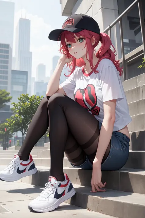 masterpiece, best quality, absurdres, perfect anatomy, 1girl, solo, Feldt Grace, long hair, baseball cap, graphic tee, denim shorts, pantyhose under shorts, sneaker, sitting, stairs, outdoors, city