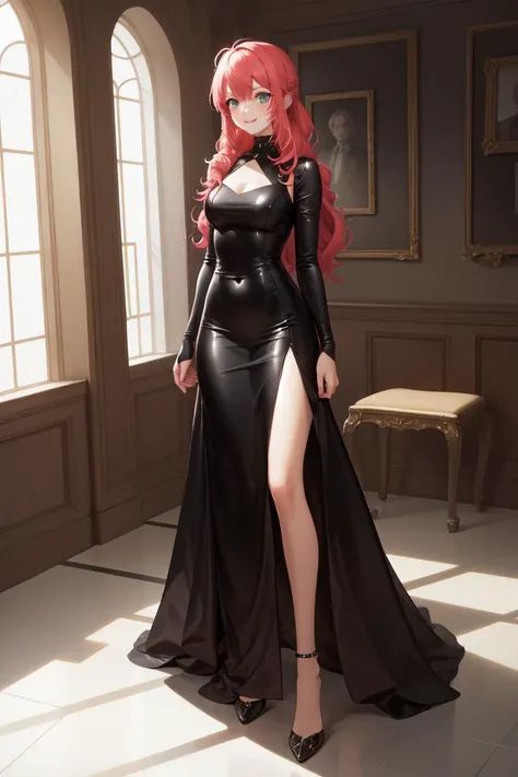 masterpiece, best quality, absurdres, perfect anatomy, 1girl, solo, Feldt Grace, long hair, elegant, long dress, black dress, halterneck, smile, indoors, reflective floor, ball room