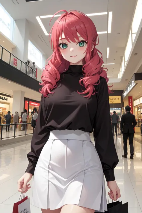 masterpiece, best quality, absurdres, perfect anatomy, 1girl, solo, Feldt Grace, long hair, high-waist skirt, long skirt, white skirt, black shirt, long sleeves, smile, standing, indoors, shopping mall