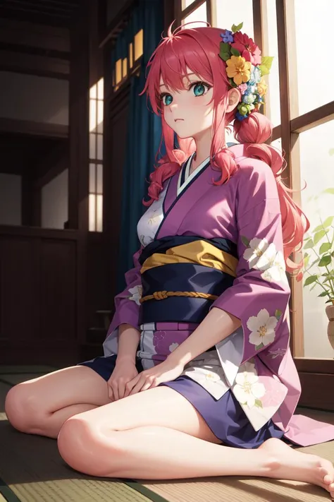 masterpiece, best quality, absurdres, perfect anatomy, 1girl, solo, Feldt Grace, long hair, indoors, kimono, hair flower, floral print, wariza, sitting, hands on own knees